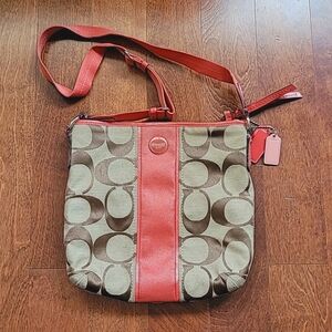 Coach crossbody bag, brown and peach stripe